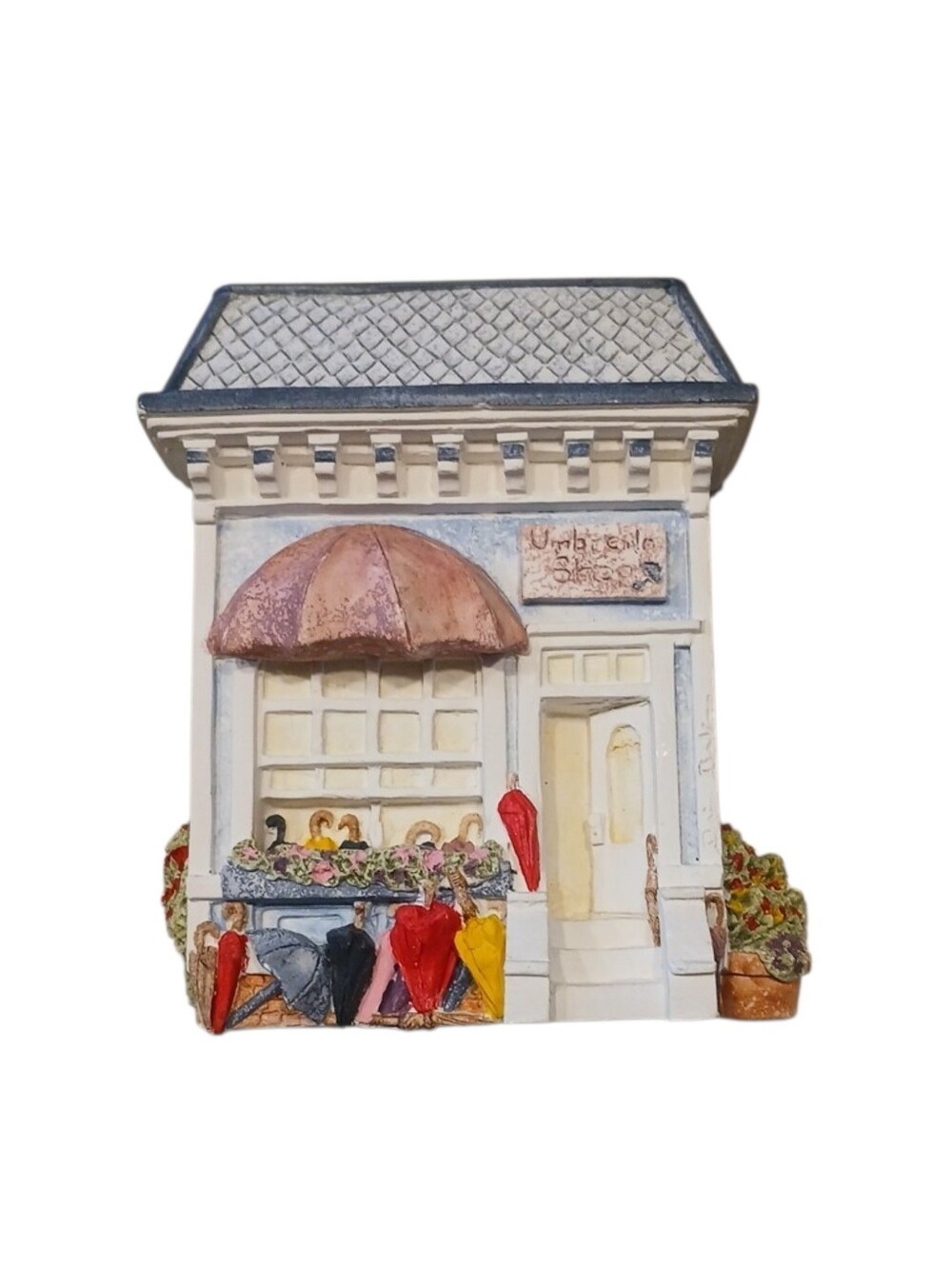 Hand-Painted Umbrella Shop Figurine - White with Pastel Accents